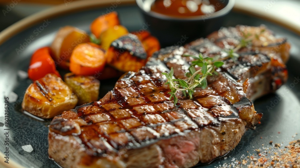 A succulent steak grilled to perfection, adorned with a flavorful sauce and served with a side of roasted vegetables, epitomizing steakhouse elegance. A succulent steak grilled to perfection, adorned with a flavorful sauce and served with a side of roasted vegetables, epitomizing steakhouse elegance.