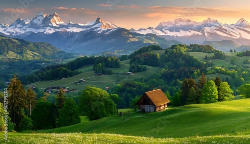  Beautiful panorama of sunrise over the Alps Mountain range with green meadows and wooden houses in nature. A panoramic view of the scenic landscape with beautiful natural scenery.