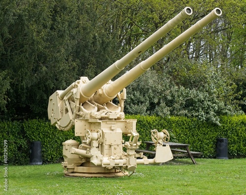 Bayeux, France - Apr 28, 2024: SKC 33 gun. German two-piece 105mm gun during Second World War. Selective focus. photo