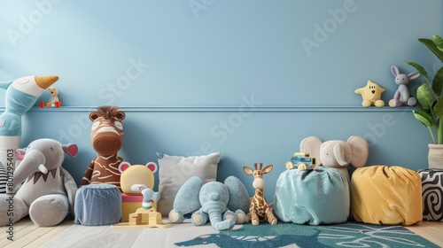 Cozy and inviting children's room with a soft blue wall, filled with plush animals, colorful decorations, and essential kid-friendly items photo