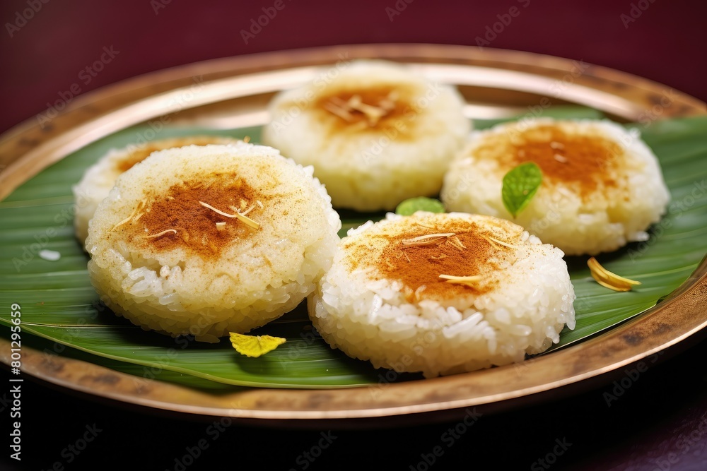 A plate of Bengali food, Vapa Pitha, is placed on a table. Generative AI A plate of Bengali food, Vapa Pitha, is placed on a table. Generative AI