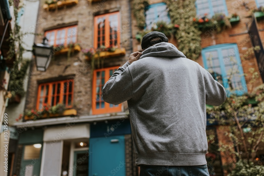 Obraz premium Man in gray hoodie rear view, standing in front of apartment