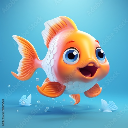 Goldfish, in the 3D illustration style, cute, kawaii character design with on a simple background, a high resolution detailed texture with adorable details