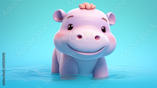 Hippopotamus  in the 3D illustration style  cute  kawaii character design with on a simple background  a high resolution detailed texture with adorable details