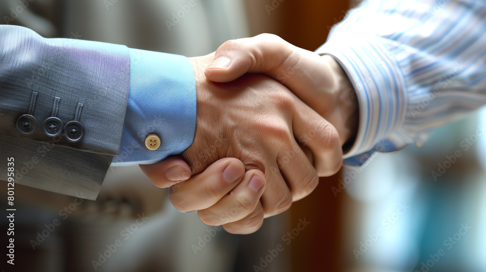 Two individuals engaging in a handshake inside a modern office setting during a business meeting Two individuals engaging in a handshake inside a modern office setting during a business meeting
