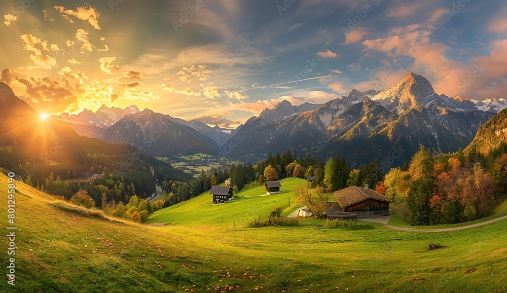  Beautiful panorama of sunrise over the Alps Mountain range with green meadows and wooden houses in nature. A panoramic view of the scenic landscape with beautiful natural scenery.