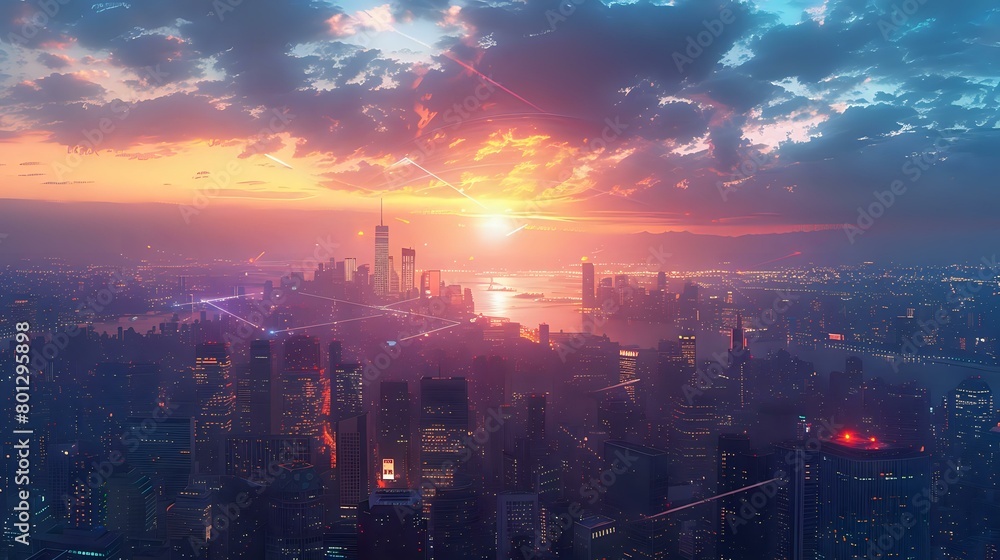 Obraz premium Modern Cityscape with Interconnected Network: Dawn in the Metropolis