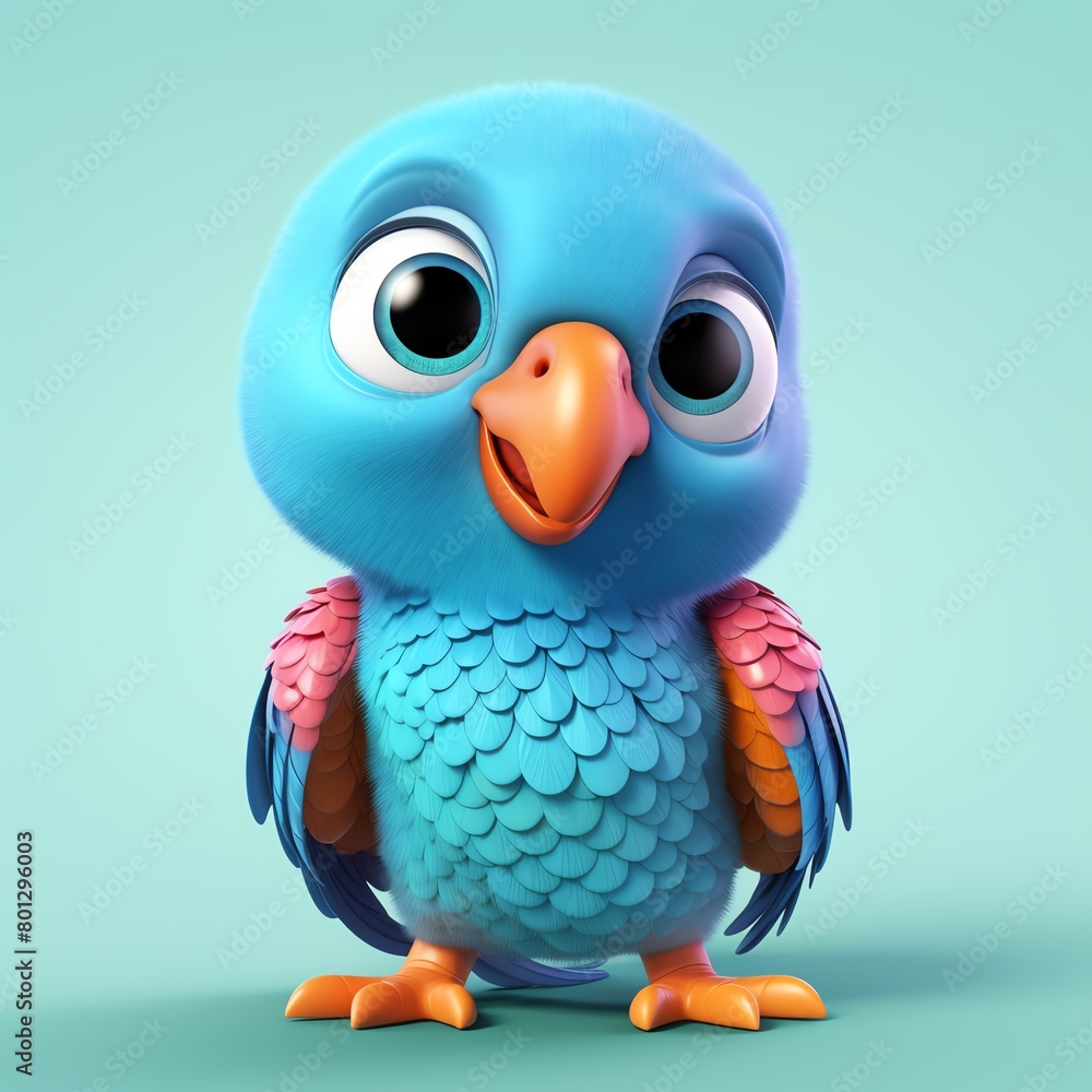 Parrot, in the 3D illustration style, cute, kawaii character design with on a simple background, a high resolution detailed texture with adorable details