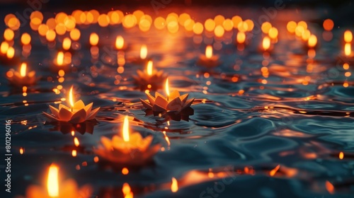 Scenic floating lotus flower candles on water with golden light reflection creating a tranquil atmosphere, copy space