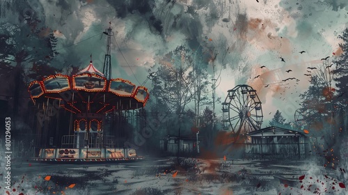 haunted carnival with a ferris wheel and trees in the background, featuring a small building and gr photo