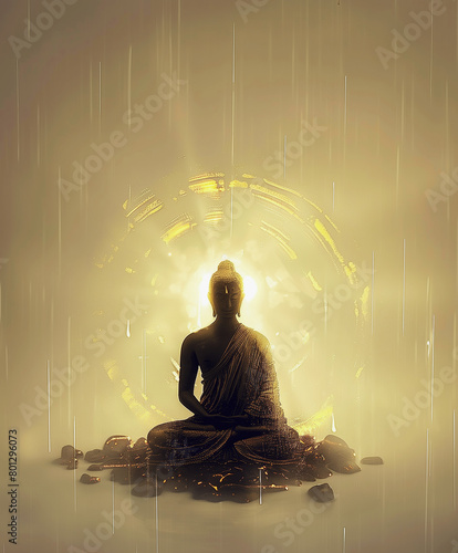 Abstract silhouette paint statue of buddha dark gold tones  with glowing halo light radius head on white background.
