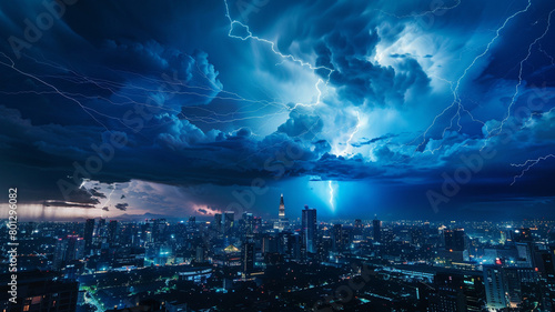 bolts striking from the clouds over an urban landscape at night photo