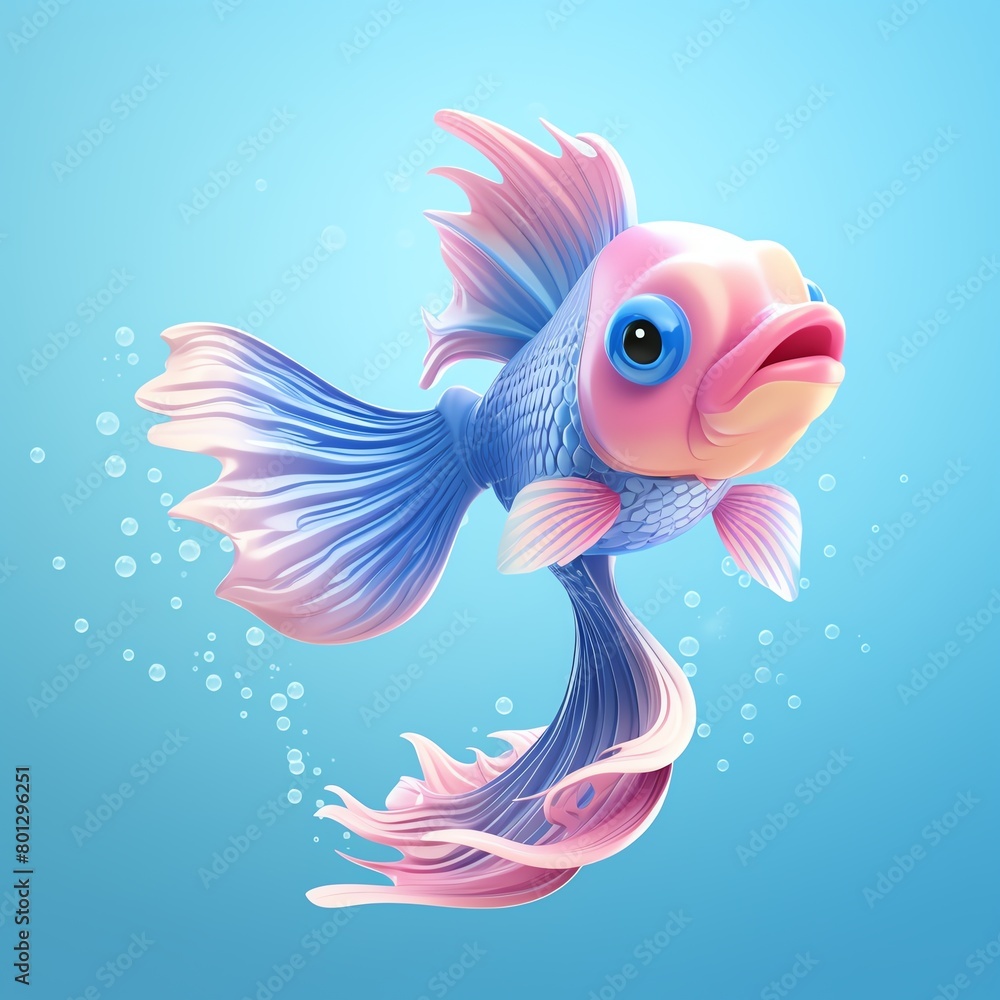 Siamese fighting fish, in the 3D illustration style, cute, kawaii character design with on a simple background, a high resolution detailed texture with adorable details