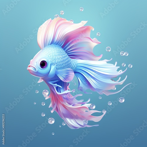 Siamese fighting fish, in the 3D illustration style, cute, kawaii character design with on a simple background, a high resolution detailed texture with adorable details
