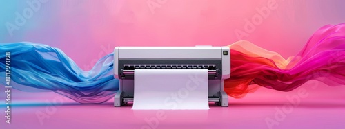 Modern printer producing stunning colorful ribbons in a vibrant pink and blue gradient background