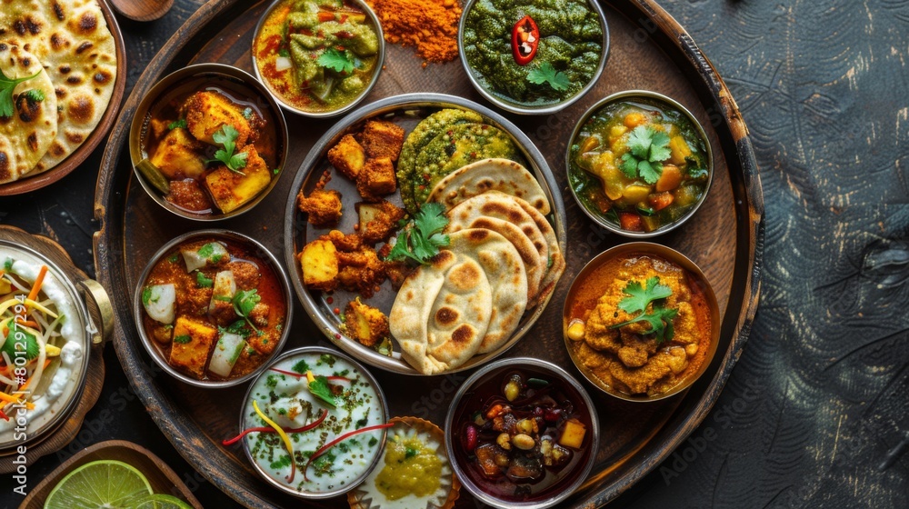 A traditional Indian thali featuring assorted paratha breads served with chutneys, pickles, and curries, offering a delightful culinary experience.