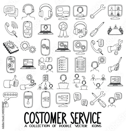 Customer Service Related Doodle vector icon set. Drawing sketch illustration hand drawn line eps10