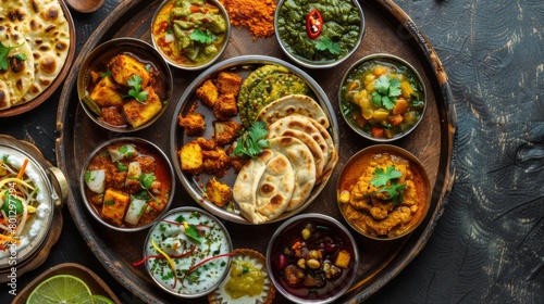 A traditional Indian thali featuring assorted paratha breads served with chutneys, pickles, and curries, offering a delightful culinary experience.
