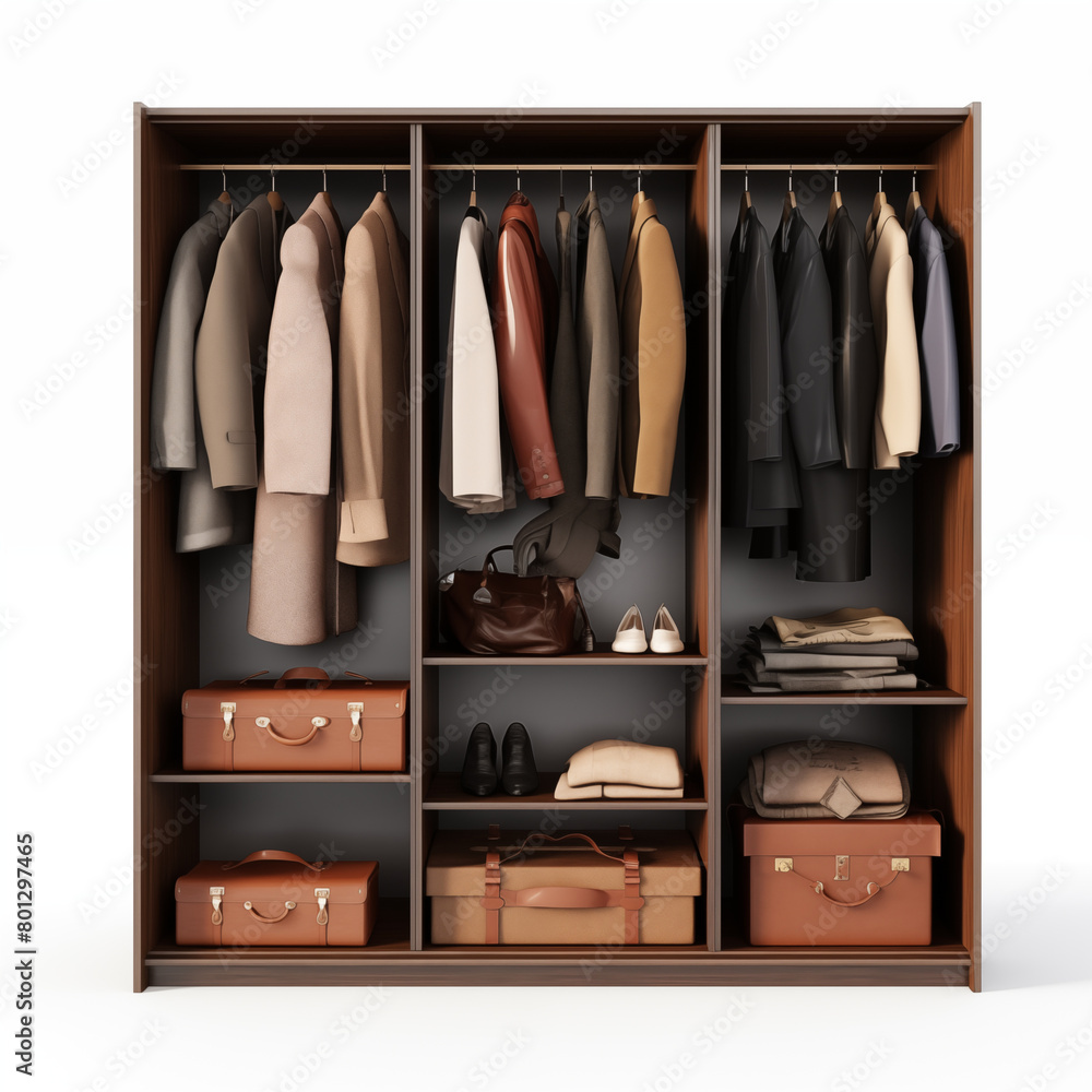 3D rendering of a wooden wardrobe with clothes and accessories neatly organized inside