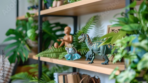 Close-up on a kid-friendly shelf decor in a living room, featuring dinosaur toys, dolls, and lush plants, creating a playful atmosphere © Paul