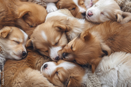 A pile of adorable puppies cuddling together  their soft fur creating a warm and inviting scene