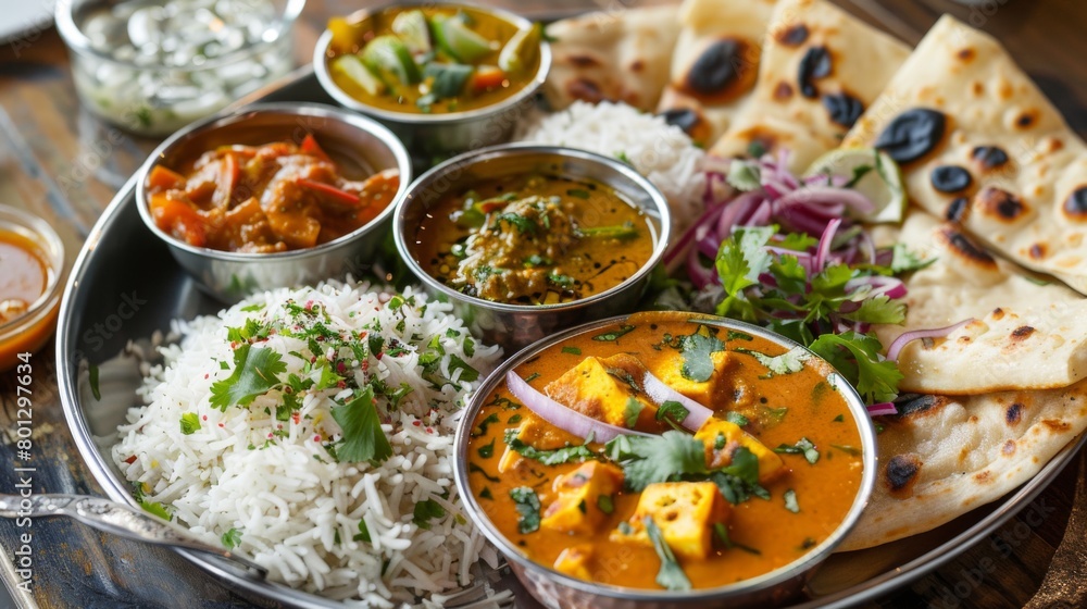 A traditional Indian thali featuring paneer curry, rice, naan bread, and assorted condiments, offering a complete and satisfying meal experience.