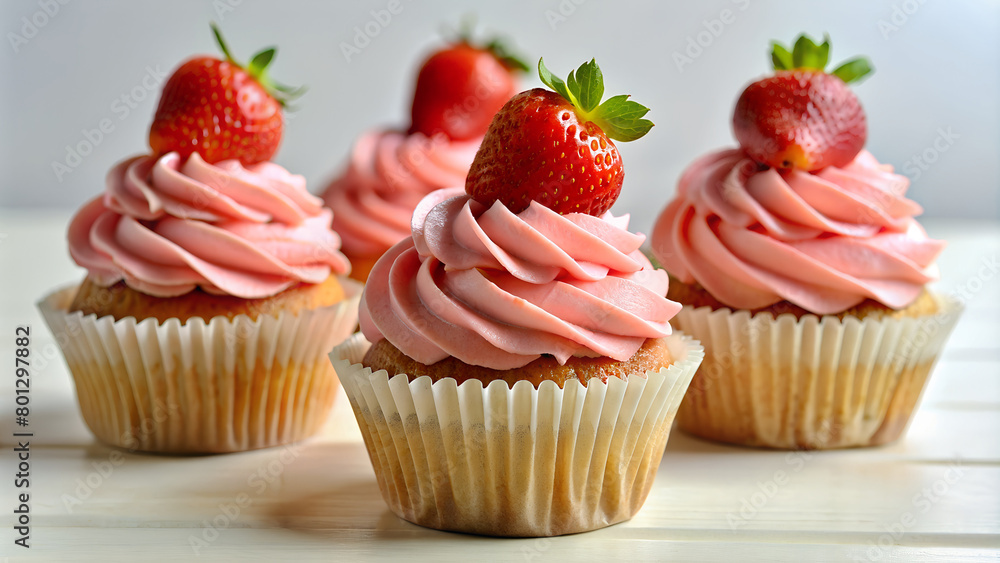 Cupcakes with pink frosting and fresh strawberries on top, on a white wooden table