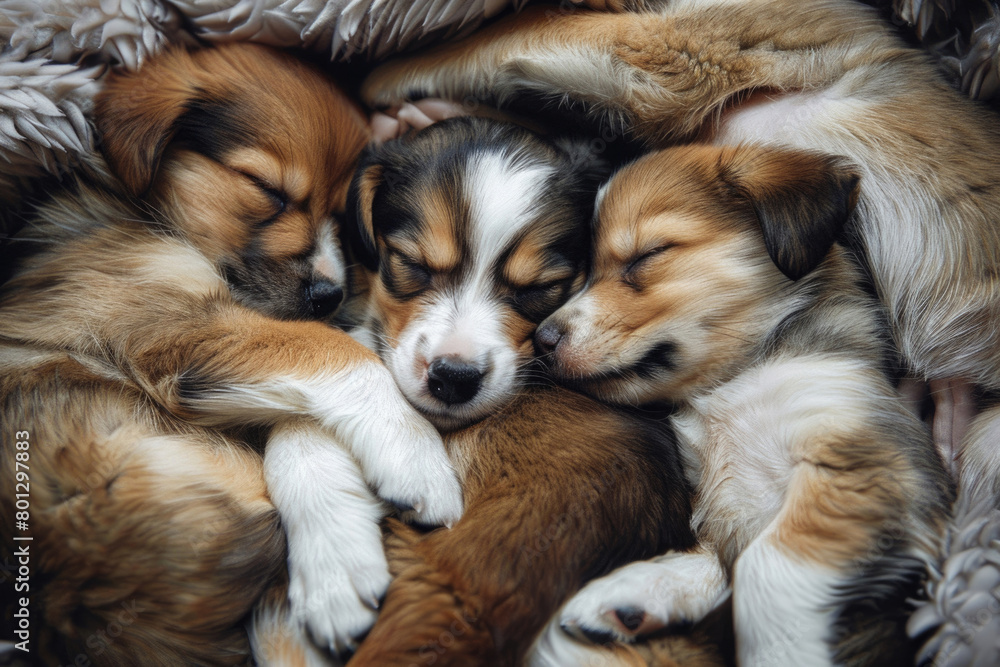 A pile of adorable puppies cuddling together, their soft fur creating a warm and inviting scene