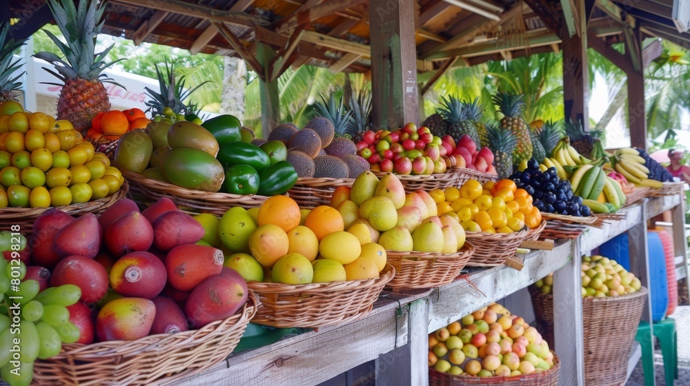 A tropical fruit stand selling freshly squeezed fruit juices and smoothies, with an array of colorful fruits displayed in baskets, enticing customers with their natural sweetness and freshness.