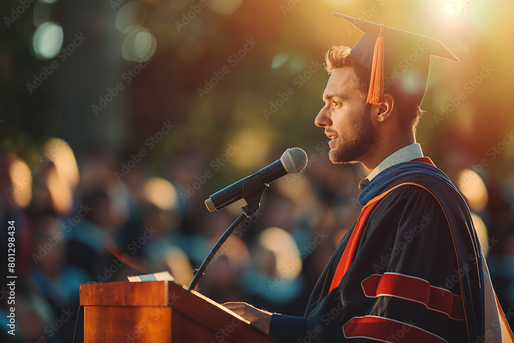 Fototapeta premium Man giving graduation speech to other graduated people while wearing traditional college regalia and gown