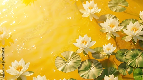 Blooming water lilies  bright yellow background  summer vibes magazine cover  warm sunlight  overhead view