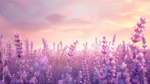 Fragrant lavender field, soft pastel pink background, wellness magazine cover, serene dawn light, central focus © Pornsurang