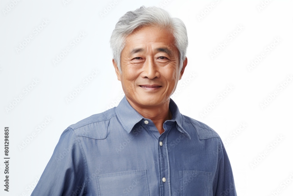 Portrait of a satisfied asian man in his 70s sporting a versatile denim shirt isolated in white background Portrait of a satisfied asian man in his 70s sporting a versatile denim shirt isolated in white background