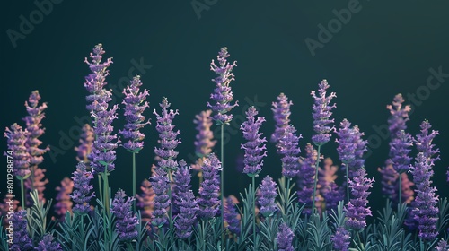 Lavender in bloom  dark green background  gardening magazine cover  natural side lighting  frontal perspective