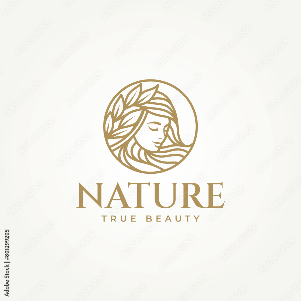 beautiful woman wearing leaf crown line art label logo vector illustration design. simple modern beauty center, fashion boutiques, haircut salon and cosmetic logo concept
