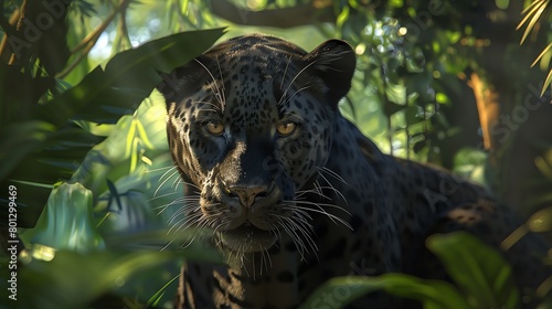 a sleek panther with piercing eyes, blending seamlessly into a lush, sun-dappled forest canopy © Navaporn