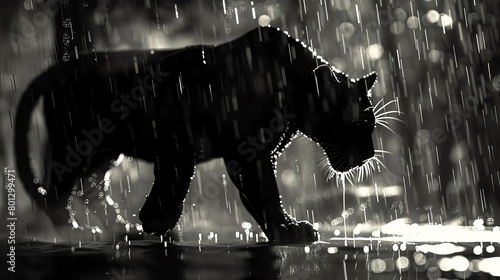 Visualize a sleek panther prowling in the rain