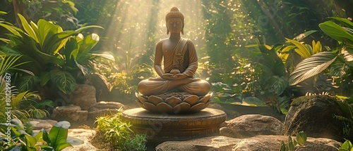 A background of calm and tranquilly with a lone golden Buddha statue surrounded by lush vegetation photo