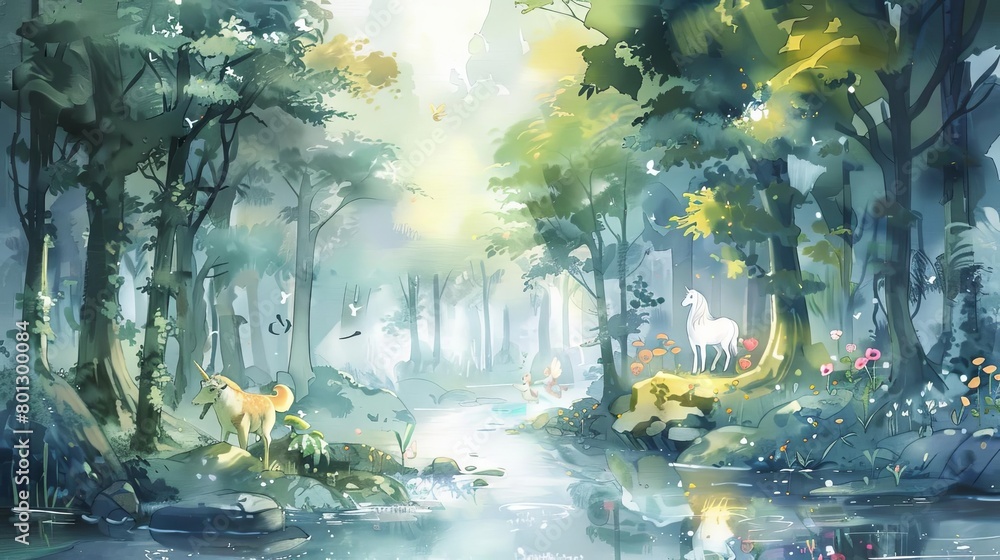 magical forest creatures, including a white horse and a green tree, roam freely in this digital art