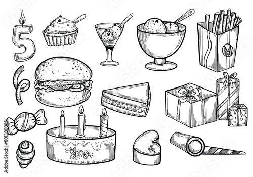 Set of happy birthday doodles sketch of party icon design