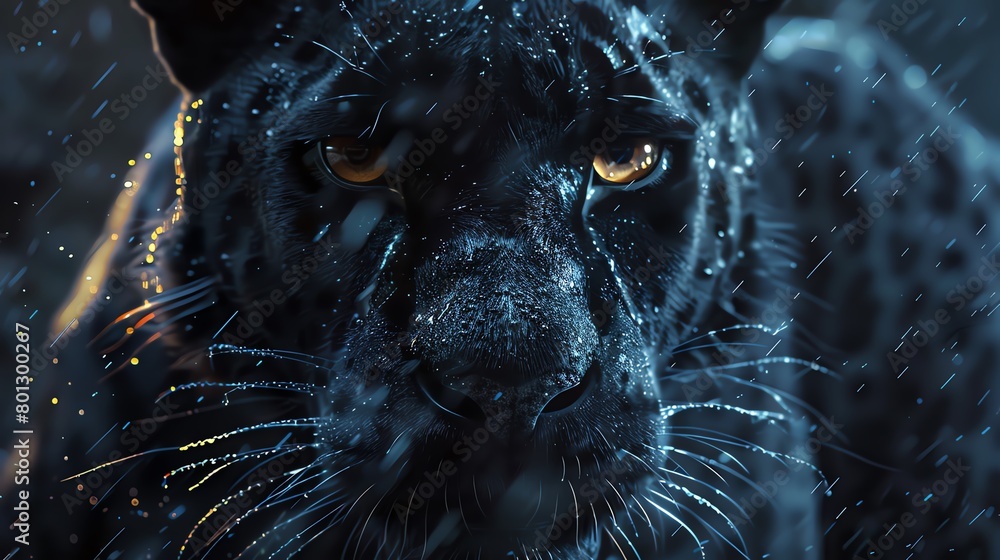 Illustrate the intense gaze of a fierce panther in a frontal portrait
