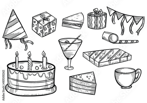 Set of happy birthday doodles sketch of party icon design