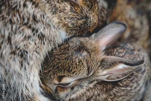 Close-up of a baby rabbit snuggled against its mother s fur
