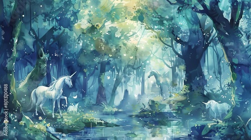 magical forest creatures, including a white horse and a tree, surrounded by lush greenery photo