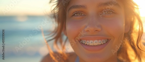 An image of a woman grinning up close with braces on her teeth