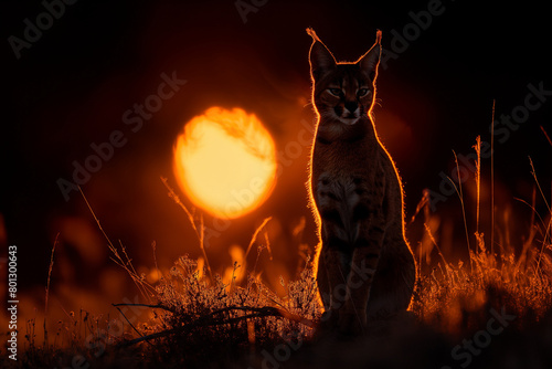 Caracal standing on the grass at sunset photo