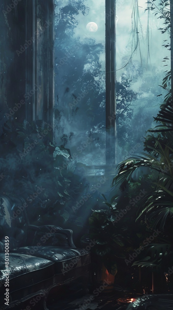 A dark and overgrown greenhouse with a full moon in the background. A dark and overgrown greenhouse with a full moon in the background.