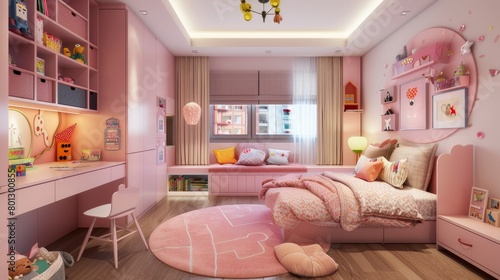 Bright and soft pink children's room with playful furniture, space-efficient storage solutions, and themed bedding for a charming decor