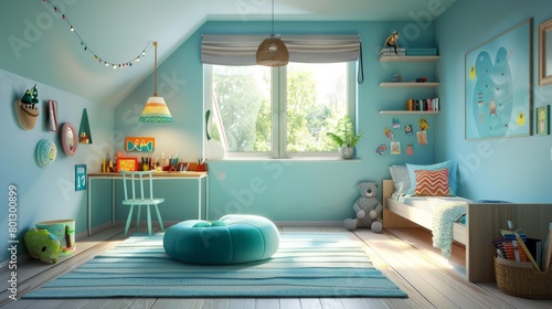 Bright and serene children's room with a turquoise palette, playful furniture, and a dedicated art supplies station for creative explorations