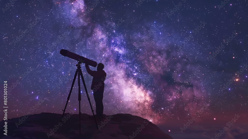 An astrophotographer capturing the beauty of the night sky, with swirling galaxies and shimmering star clusters visible through a powerful telescope